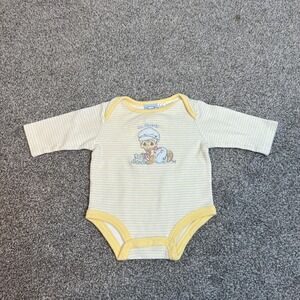 vtg Precious‎ Moments Baby Bodysuit 0-3 Months Yellow Stripe Long Sleeve Train